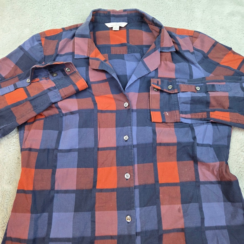 L.L. Bean Button Down Womens Sz 4 Signature Cotton Plaid Camp Collar Blue Orange